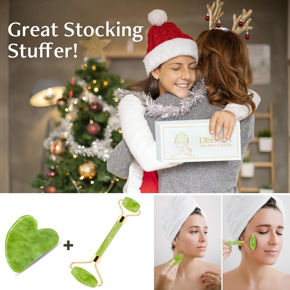 Jade Roller & Gua Sha Facial Tools, Natural Anti-Aging Jade Beauty Skin-Care Tool Face Roller to Rejuvenate Facial Skin Cooling, Slimming & Firming, Great as Stocking Stuffe