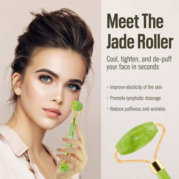 Jade Roller & Gua Sha Facial Tools, Natural Anti-Aging Jade Beauty Skin-Care Tool Face Roller to Rejuvenate Facial Skin Cooling, Slimming & Firming, Great as Stocking Stuffe