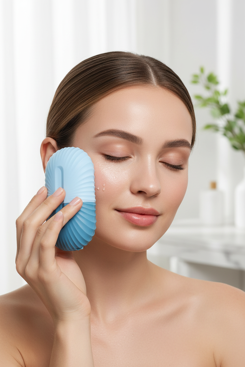 Woman applying Veluné Aura Ice Sculpting Roller under eye