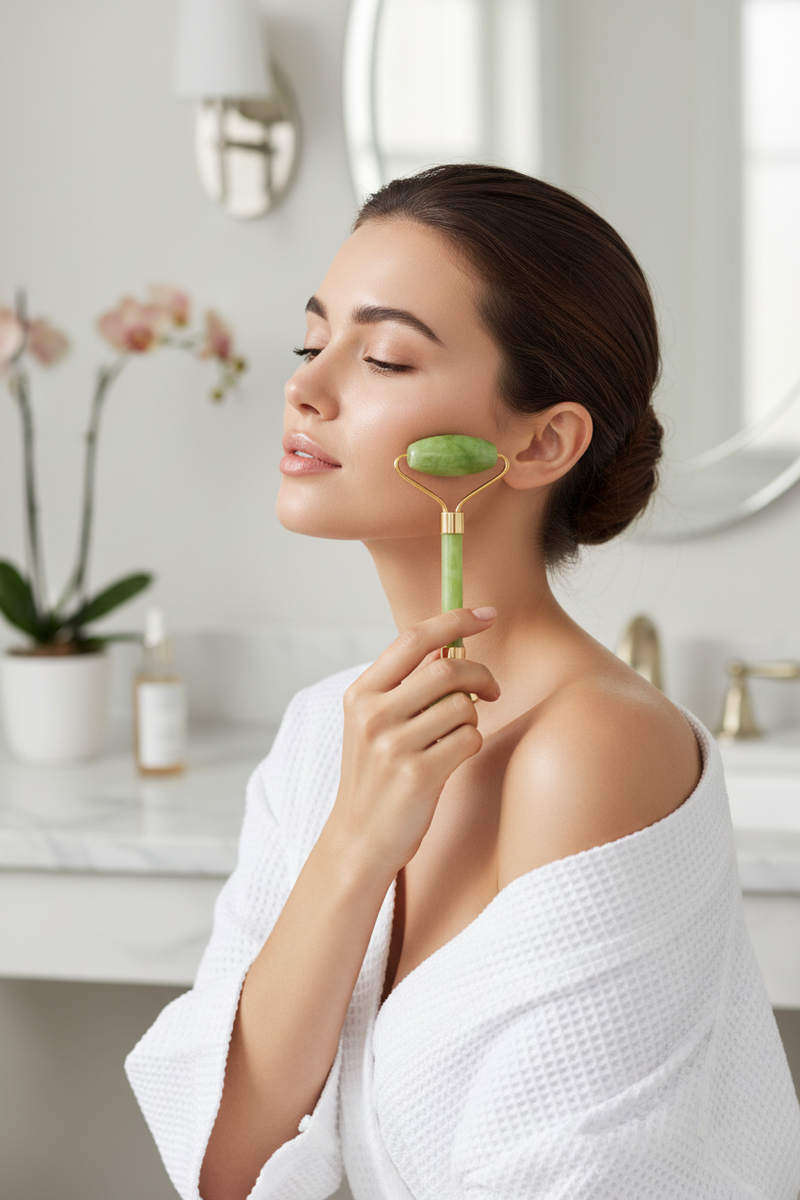 Woman using Veluné Aura Sculpting Gua Sha Stone on cheekbone