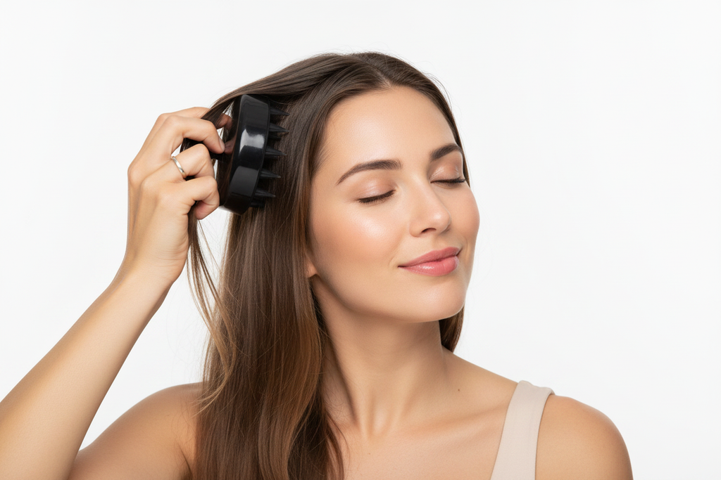 Woman massaging her scalp with Veluné Aura Scalp Renewal Brush