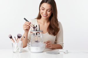 Woman cleaning a makeup brush with Veluné Aura Instant Brush Cleaner Pro