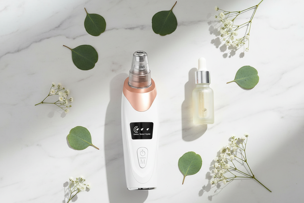 Veluné Aura Pore Clean Vacuum flat lay with serum and leaf on marble