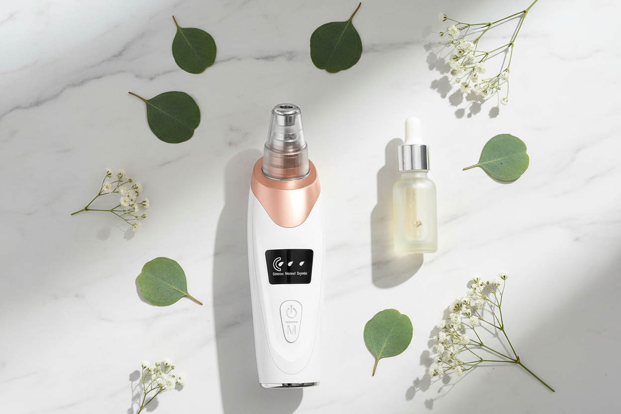 Veluné Aura Pore Clean Vacuum flat lay with serum and leaf on marble