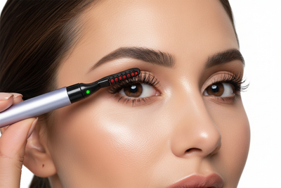 Woman using Veluné Aura Heated Lash Lift Curler on her lashes