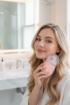 Woman holding Veluné Aura Ice Sculpting Roller at jawline