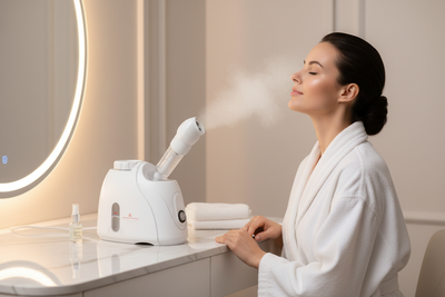 Woman at vanity using Veluné Aura Deep Clean Facial Steamer