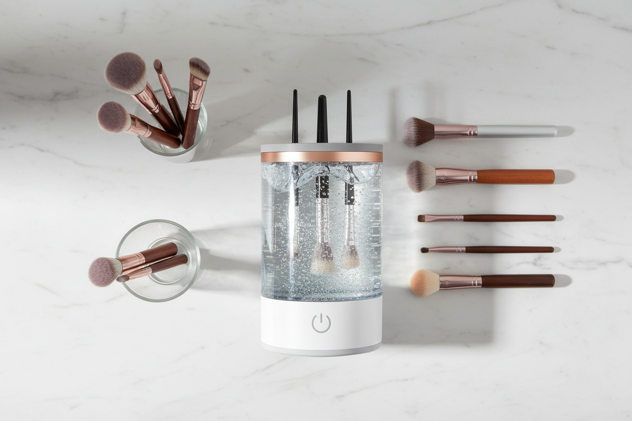 Veluné Aura Instant Brush Cleaner Pro flat lay with makeup brushes and glass bowl on marble