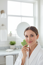 Woman holding Veluné Aura Sculpting Gua Sha Stone near face