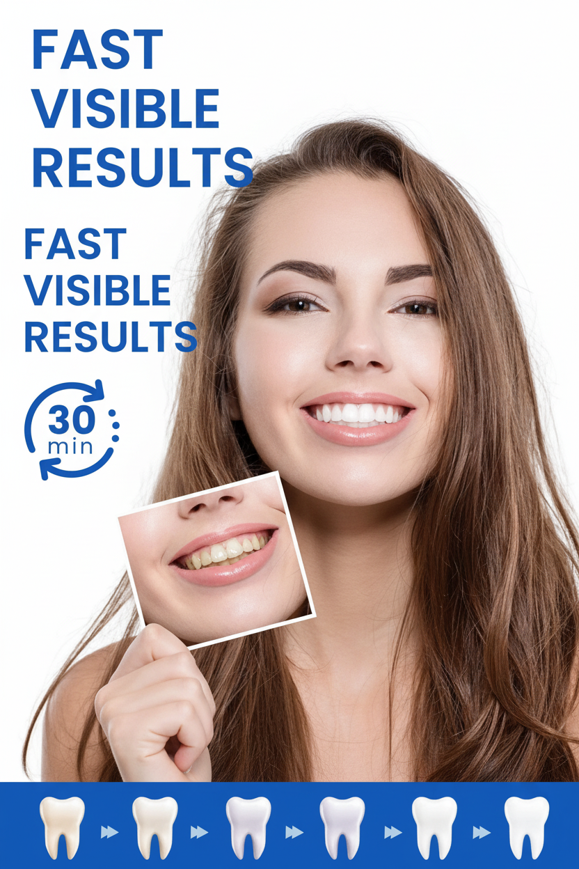 Woman holding Veluné Aura Advanced Teeth Whitening Strips packaging