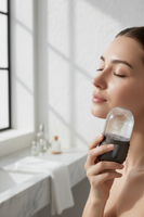 Woman using Veluné Aura Ice Sculpting Roller on cheekbone