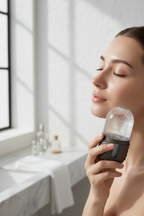 Woman using Veluné Aura Ice Sculpting Roller on cheekbone