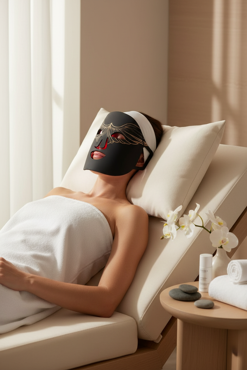 Woman wearing Veluné Aura LED Skin Renewal Mask relaxing