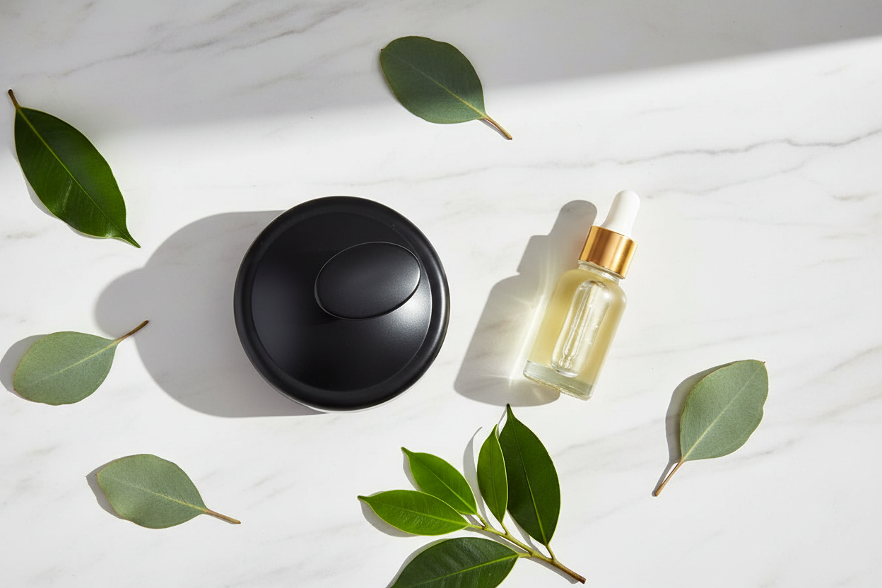 Veluné Aura Scalp Renewal Brush flat lay with hair oil and leaves on marble