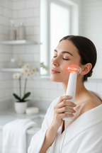 Woman using white wand with mushroom attachment on cheek
