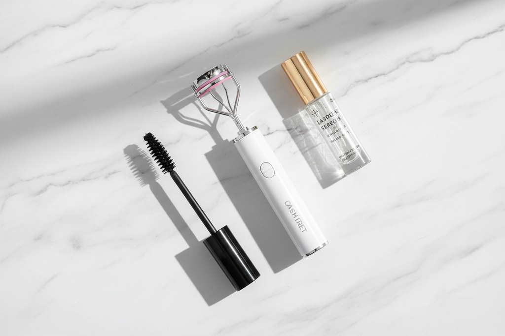 Veluné Aura Heated Lash Lift Curler flat lay with mascara and lash serum on marble