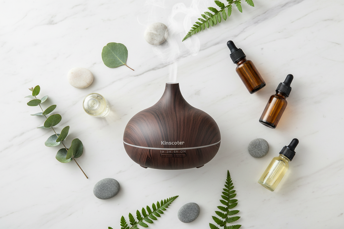 Veluné Aura Calm Mist Diffuser flat lay with pebbles, leaves and essential oils on marble