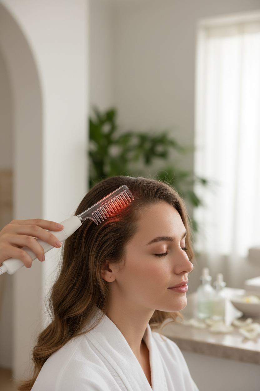 Woman using white wand with comb attachment on scalp