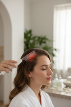 Woman using white wand with comb attachment on scalp