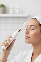 Woman using white wand with tongue attachment on forehead