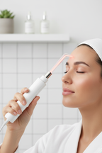 Woman using white wand with tongue attachment on forehead