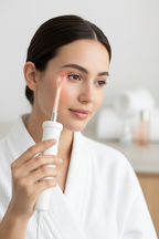 Woman using white wand with spoon attachment on eye area