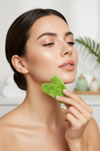 Woman using Veluné Aura Sculpting Gua Sha Stone along jawline