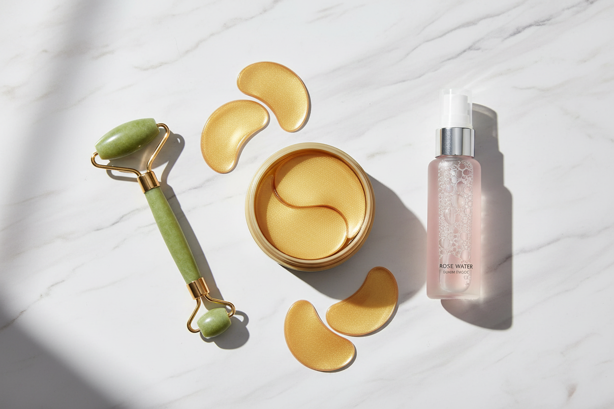 Veluné Aura Hydrating Eye Repair Patches flat lay with jade roller and rose water on marble