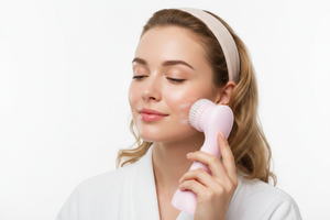 Woman using Veluné Aura Sonic Facial Cleanser on her face
