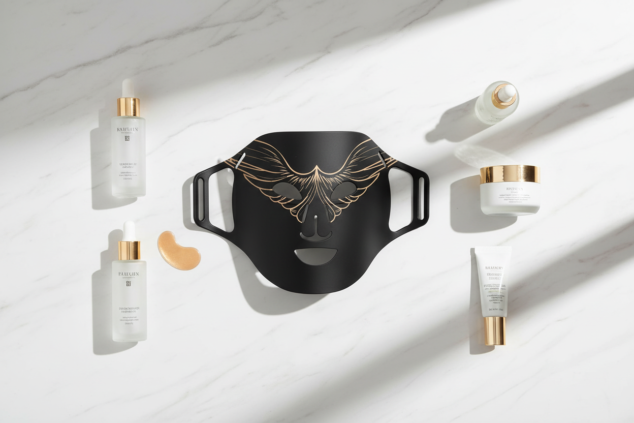 Veluné Aura LED Skin Renewal Mask flat lay with skincare accessories on marble surface