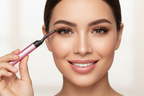 Woman holding Veluné Aura Heated Lash Lift Curler with dramatic lifted lashes