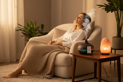 Woman relaxing with Veluné Aura Calm Mist Diffuser in cozy room