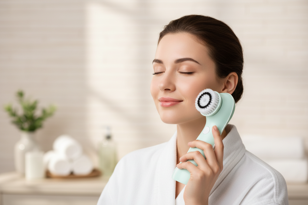 Woman holding Veluné Aura Sonic Facial Cleanser with glowing skin