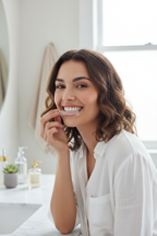 Woman smiling with Veluné Aura Advanced Teeth Whitening Strips on teeth