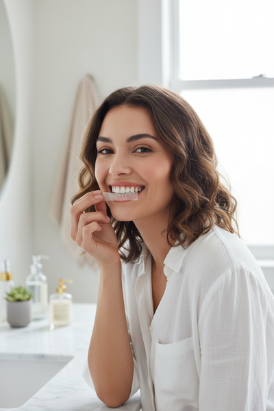 Woman smiling with Veluné Aura Advanced Teeth Whitening Strips on teeth