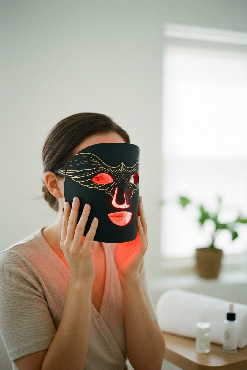 Woman holding Veluné Aura LED Skin Renewal Mask to face