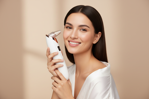 Woman holding Veluné Aura Pore Clean Vacuum with radiant skin