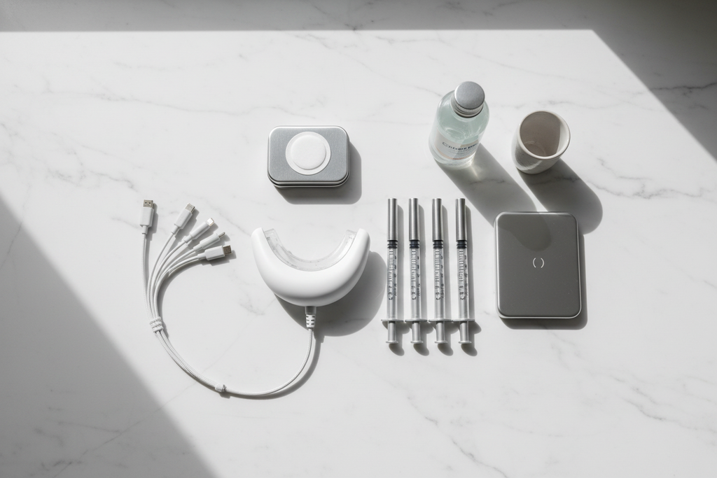 Veluné Aura LED Teeth Whitening Kit components flat lay on white marble
