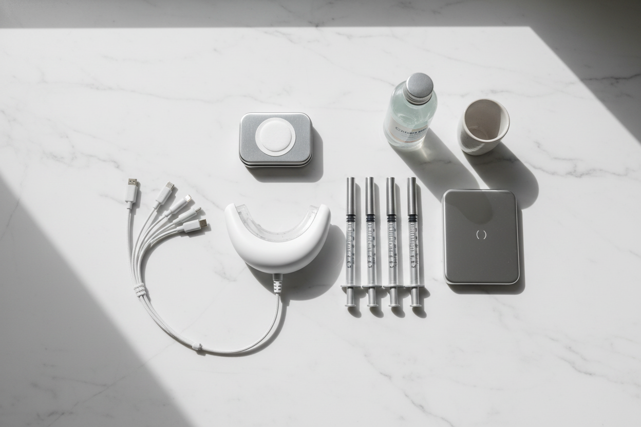 Veluné Aura LED Teeth Whitening Kit components flat lay on white marble