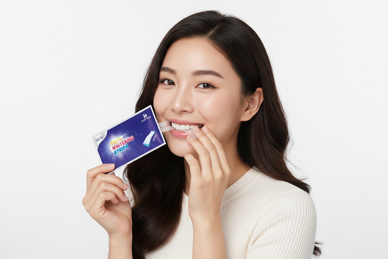 Woman applying Veluné Aura Advanced Teeth Whitening Strips