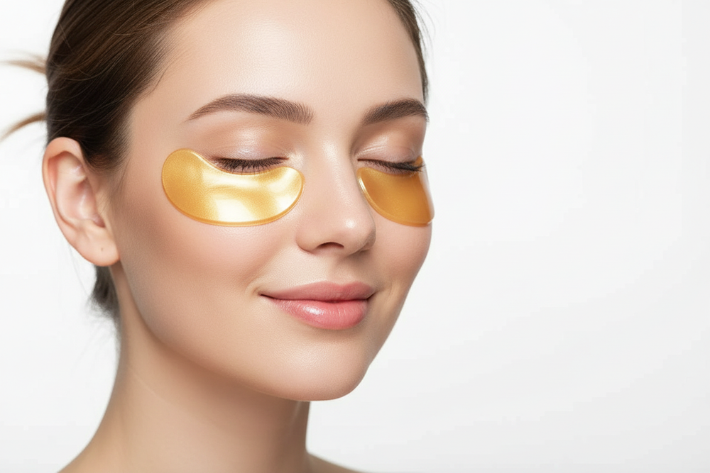 Woman with Veluné Aura Hydrating Eye Repair Patches applied under her eyes